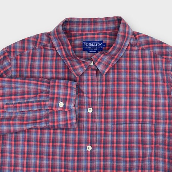 Pendleton Shirt Womens Extra Large Red Blue Check Button Up Long Sleeve Outdoor - Picture 7 of 14